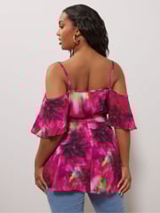 Yours Curve Pink YOURS LONDON Curve Navy Blue Floral Print Cold Shoulder Top - Image 3 of 5