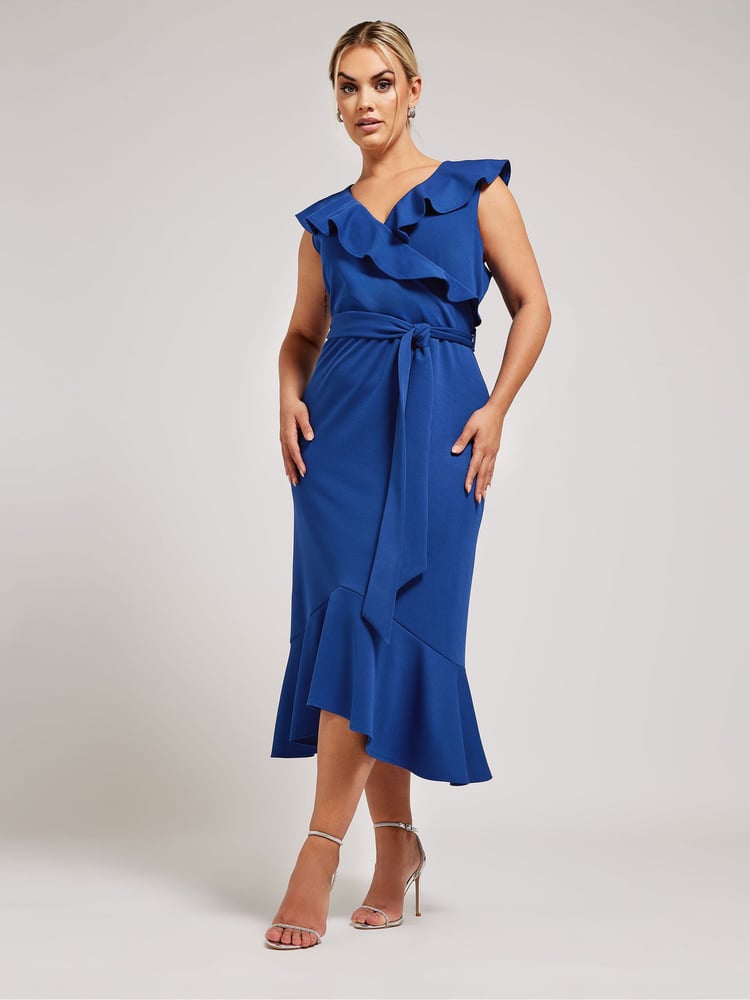 Yours Curve Blue Ruffle Wrap Dress - Image 1 of 5
