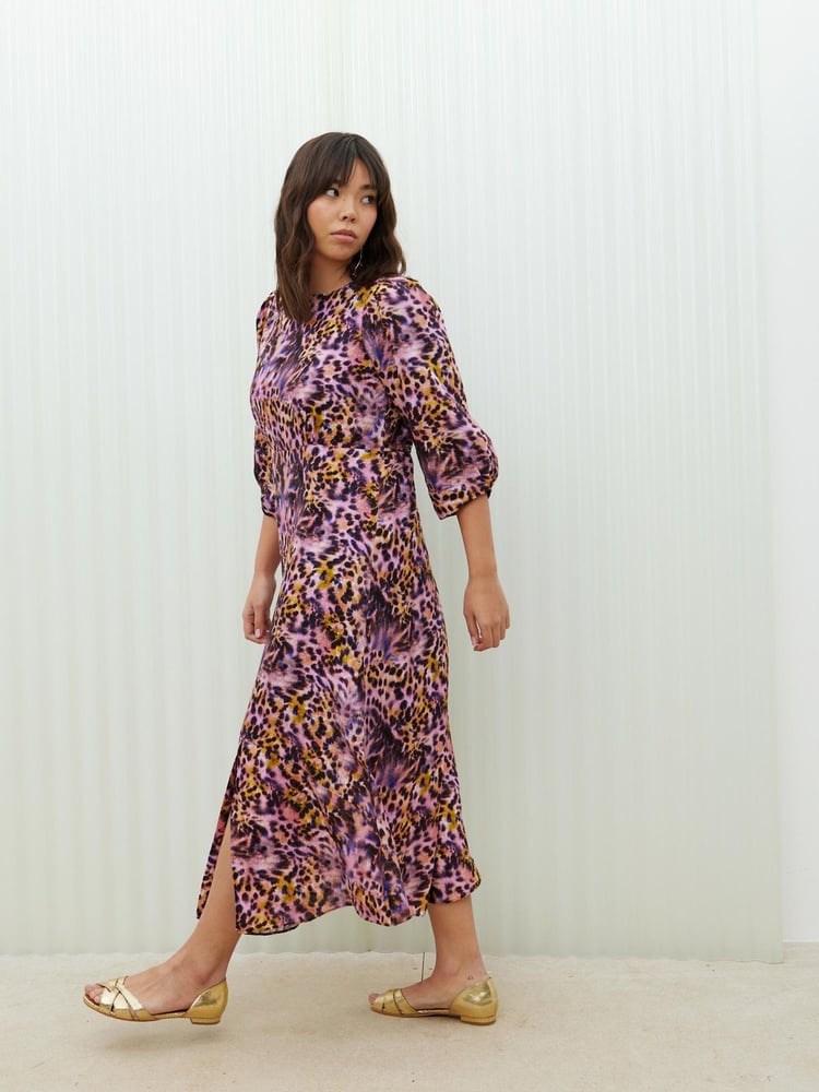 Oliver Bonas Pink Blurred Animal Print Midi Dress - Image 1 of 8