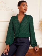 Love & Roses Green V Neck Lace Trim Dobby Blouse - Image 1 of 1