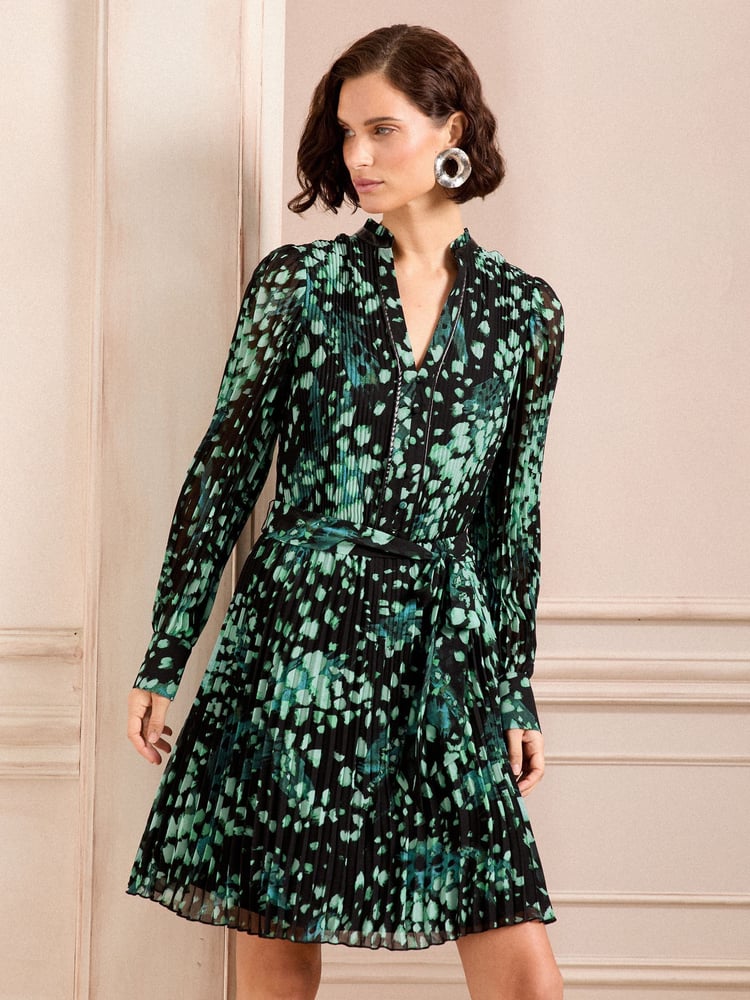 Love & Roses Green Smudge Petite PU Trim V Neck Pleated Mini Dress - Image 1 of 4 Love & Roses Green Smudge Petite PU Trim V Neck Pleated Mini Dress - Image 1 of 4