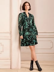 Love & Roses Green Smudge Petite PU Trim V Neck Pleated Mini Dress - Image 3 of 4