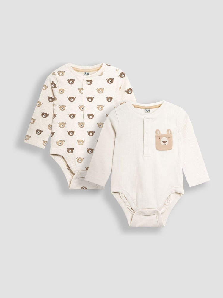 JoJo Maman Bébé Natural Printed Bear And Appliqué Pocket Bodies 2 Pack - Image 1 of 6