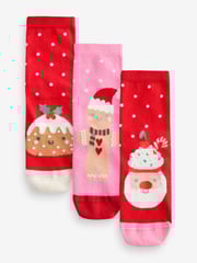Pink/Red Cotton Rich Christmas Character Ankle Socks 3 Pack - Image 1 of 4