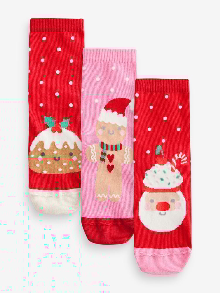 Pink/Red Cotton Rich Christmas Character Ankle Socks 3 Pack - Image 1 of 4
