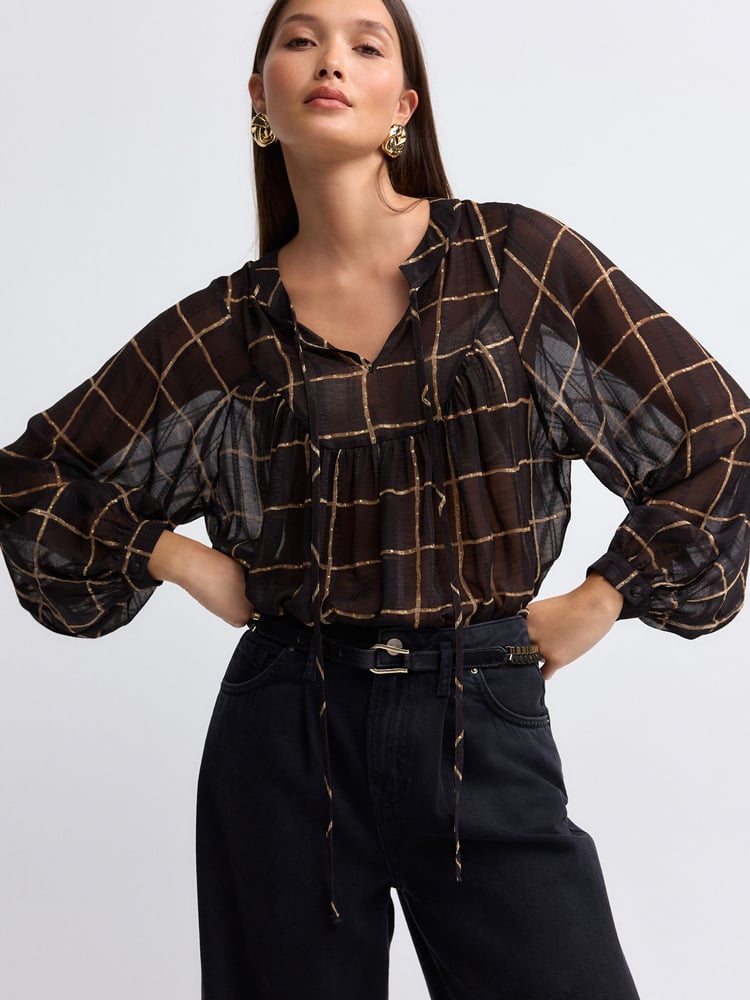 Black/Brown Check Long Sleeve Metallic Tie Neck Blouse - Image 1 of 5