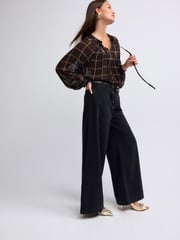 Black/Brown Check Long Sleeve Metallic Tie Neck Blouse - Image 2 of 5