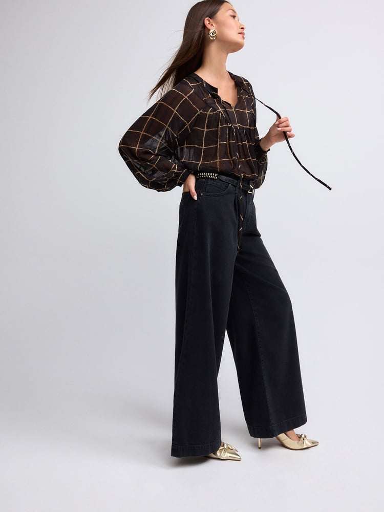 Black/Brown Check Long Sleeve Metallic Tie Neck Blouse - Image 2 of 5