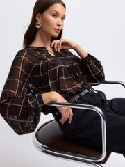 Black/Brown Check Long Sleeve Metallic Tie Neck Blouse - Image 3 of 5