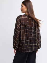 Black/Brown Check Long Sleeve Metallic Tie Neck Blouse - Image 4 of 5