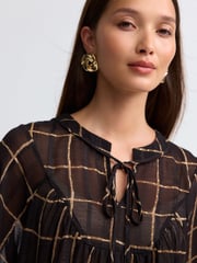 Black/Brown Check Long Sleeve Metallic Tie Neck Blouse - Image 5 of 5