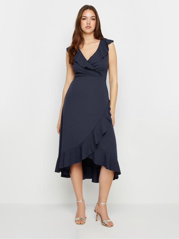 Long Tall Sally Navy Blue Frill Wrap Midi Dress - Image 1 of 6