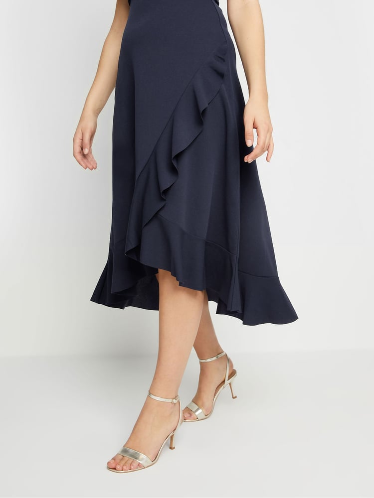 Long Tall Sally Navy Blue Frill Wrap Midi Dress - Image 2 of 6