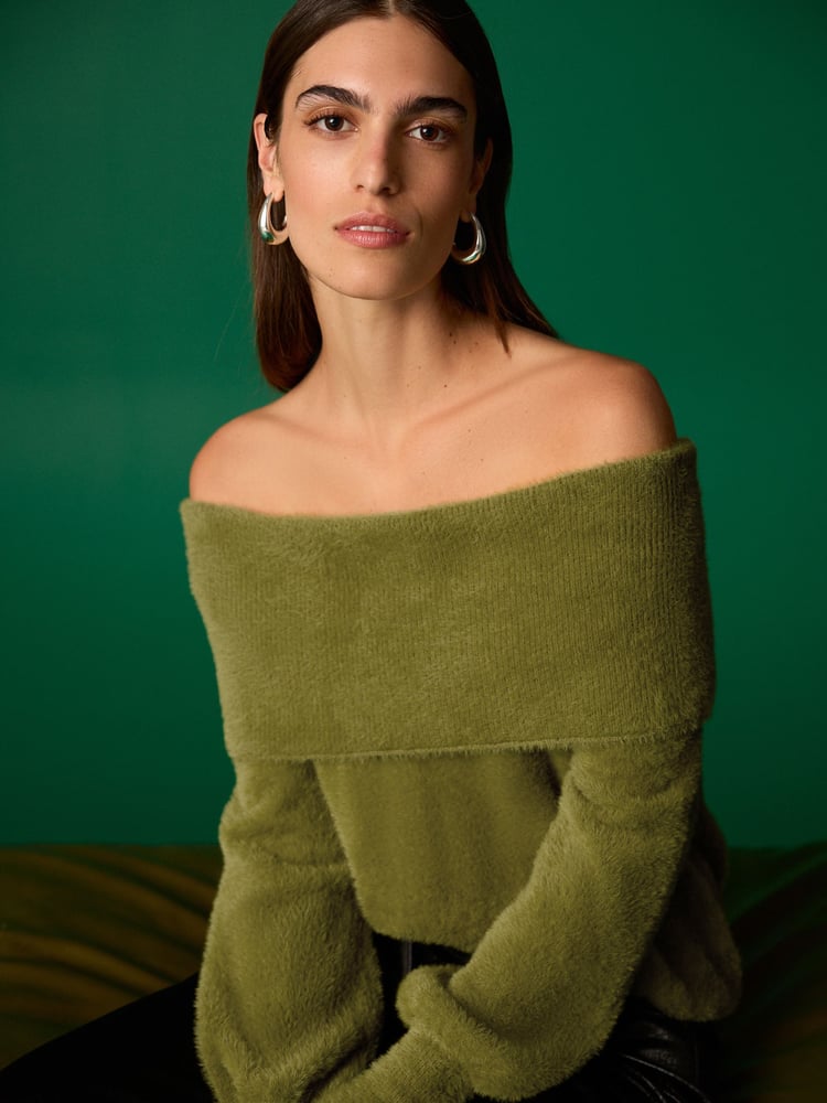 Olive Green Fluffy Off Shoulder Bardot Jumper - Image 1 of 5