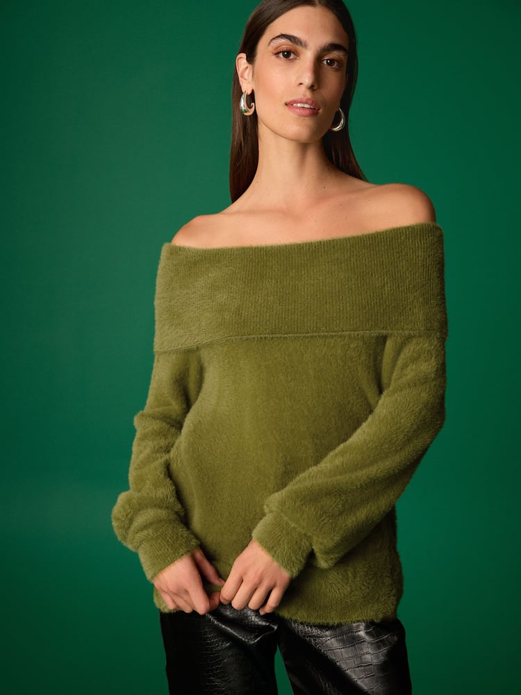 Olive Green Fluffy Off Shoulder Bardot Jumper - Image 2 of 5