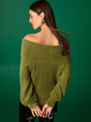 Olive Green Fluffy Off Shoulder Bardot Jumper - Image 3 of 5