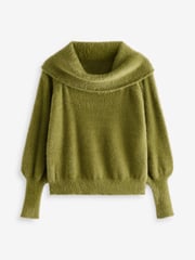 Olive Green Fluffy Off Shoulder Bardot Jumper - Image 4 of 5