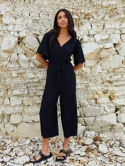 Threadbare Black Jersey Flutter Sleeve Belted Jumpsuit - Image 1 of 4