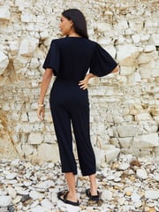 Threadbare Black Jersey Flutter Sleeve Belted Jumpsuit - Image 2 of 4