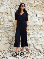 Threadbare Black Jersey Flutter Sleeve Belted Jumpsuit - Image 3 of 4