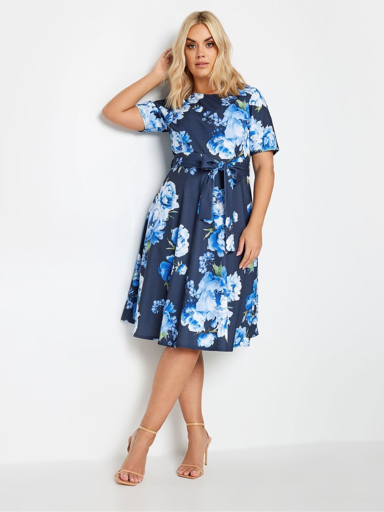Yours Curve Blue LONDON Scoop Neck Skater Dress - Image 2 of 4