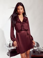 Friends Like These Red Long Sleeve Ruffle Satin Mini Dress - Image 1 of 4
