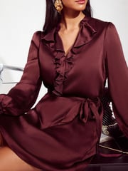 Friends Like These Red Long Sleeve Ruffle Satin Mini Dress - Image 4 of 4