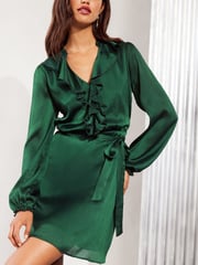 Friends Like These Green Long Sleeve Ruffle Satin Mini Dress - Image 1 of 4