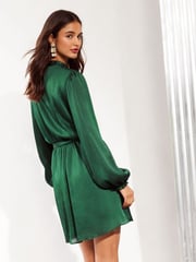 Friends Like These Green Long Sleeve Ruffle Satin Mini Dress - Image 4 of 4