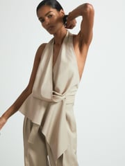 Reiss Neutral Matilda Halter Neck Draped Top - Image 3 of 6