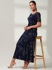 Jolie Moi Blue Elvira Print Mesh Maxi Dress - Image 5 of 6