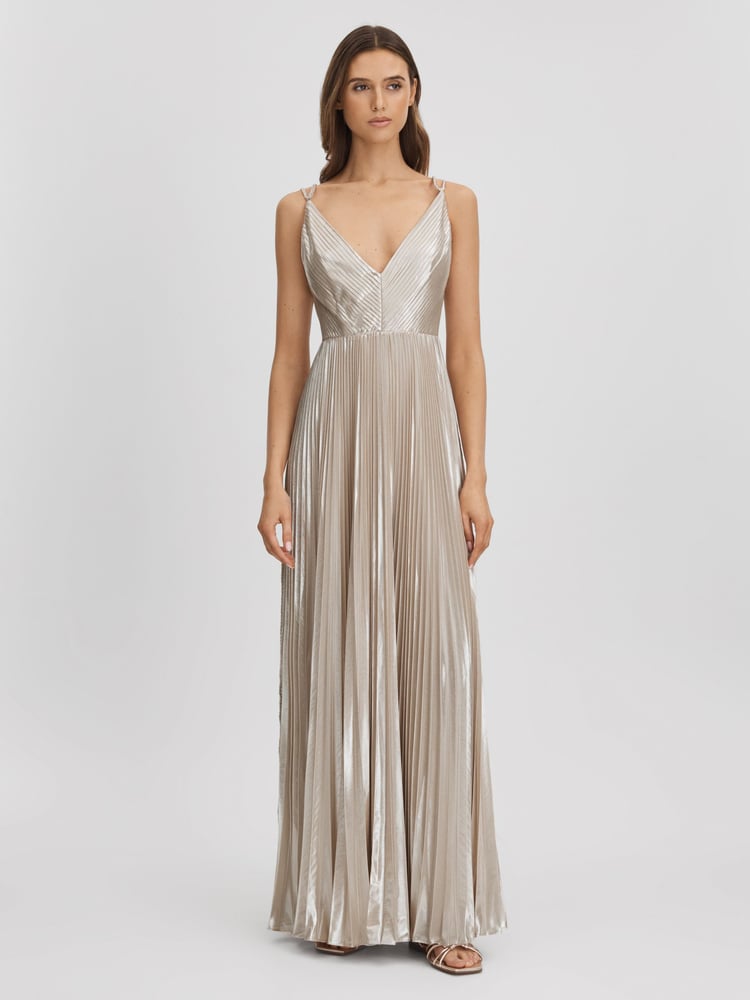 Halston Metallic Pleated Maxi Dress - Image 1 of 6