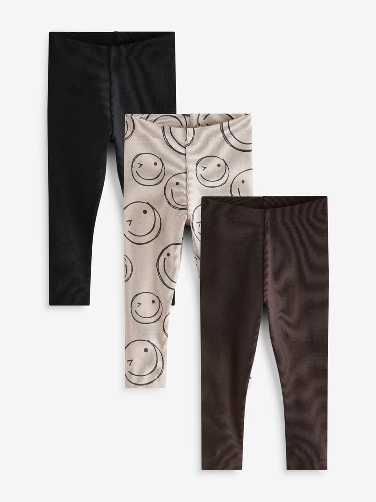 Black/Brown Happy All Over Print Ribbed Leggings 3 Pack (3mths-7yrs) - Image 1 of 7