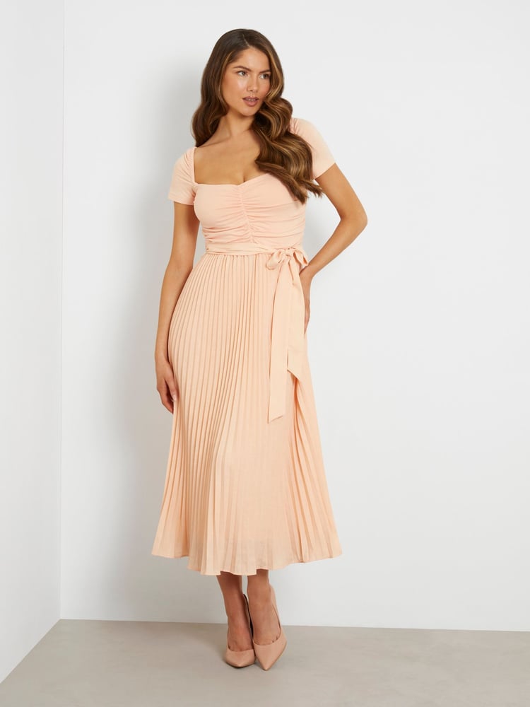 Guess Pleated Occasion Midi Dress With Linen - Image 1 of 4 Guess Pleated Occasion Midi Dress With Linen - Image 1 of 4