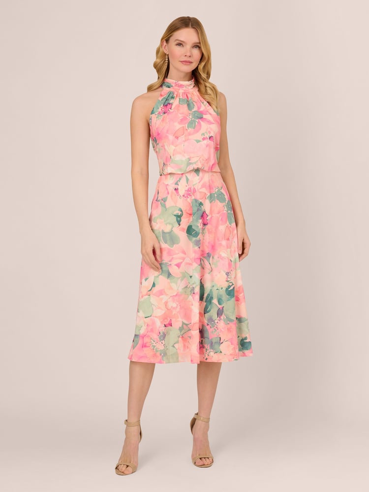 Adrianna Papell Pink Printed Midi Dress - Image 1 of 7