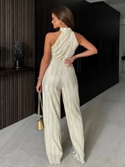 Girl In Mind Cream Gwen Halter Neck Plisse Jumpsuit - Image 3 of 4