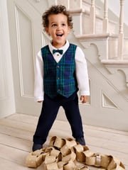 JoJo Maman Bébé Navy Tartan Waistcoat Shirt and Trousers Set - Image 1 of 12
