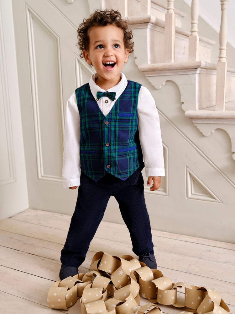 JoJo Maman Bébé Navy Tartan Waistcoat Shirt and Trousers Set - Image 1 of 12