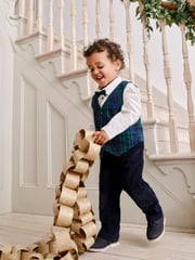 JoJo Maman Bébé Navy Tartan Waistcoat Shirt and Trousers Set - Image 2 of 12