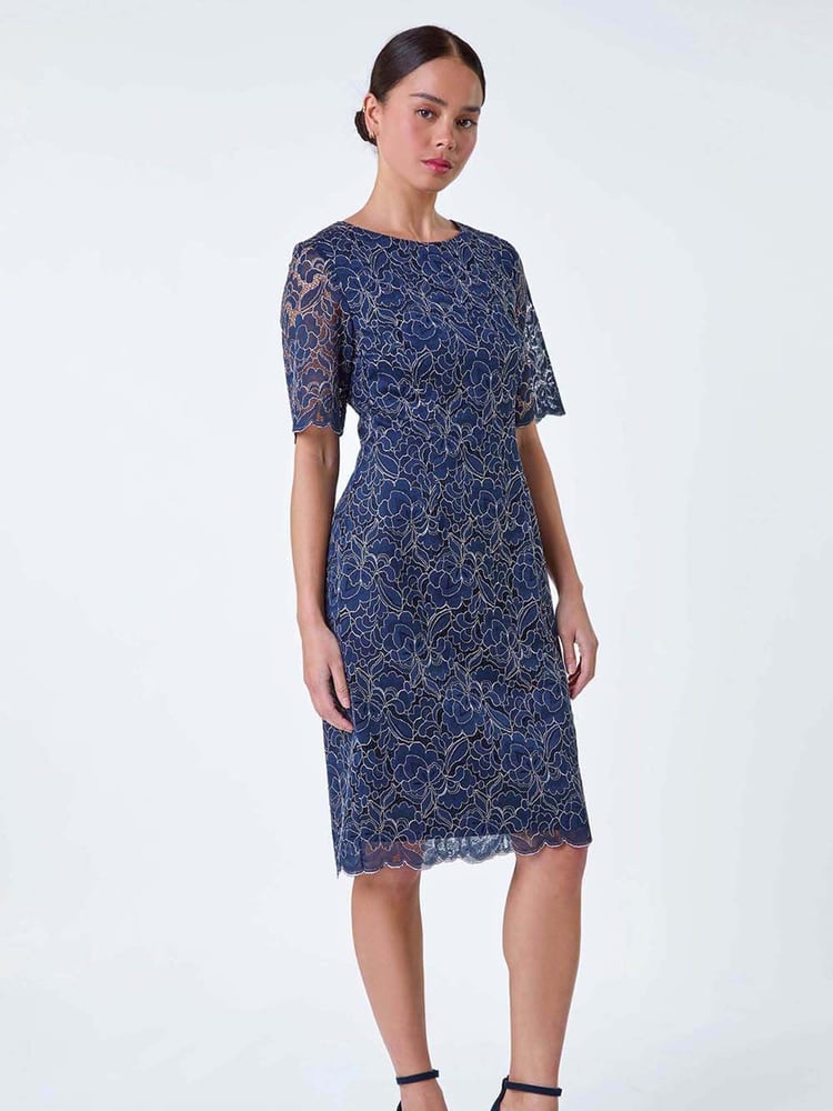 Roman Blue Lace Overlay Shift Dress - Image 2 of 5