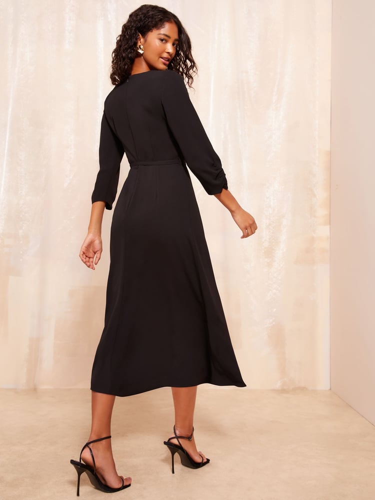 Friends Like These Black Tulip Sleeve Belted Flute Hem Dress - Image 4 of 4 Friends Like These Black Tulip Sleeve Belted Flute Hem Dress - Image 4 of 4