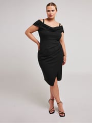 Yours Curve Black Cold Shoulder Ruched Tulip Hem Dress - Image 1 of 4