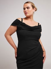 Yours Curve Black Cold Shoulder Ruched Tulip Hem Dress - Image 2 of 4