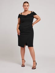 Yours Curve Black Cold Shoulder Ruched Tulip Hem Dress - Image 4 of 4