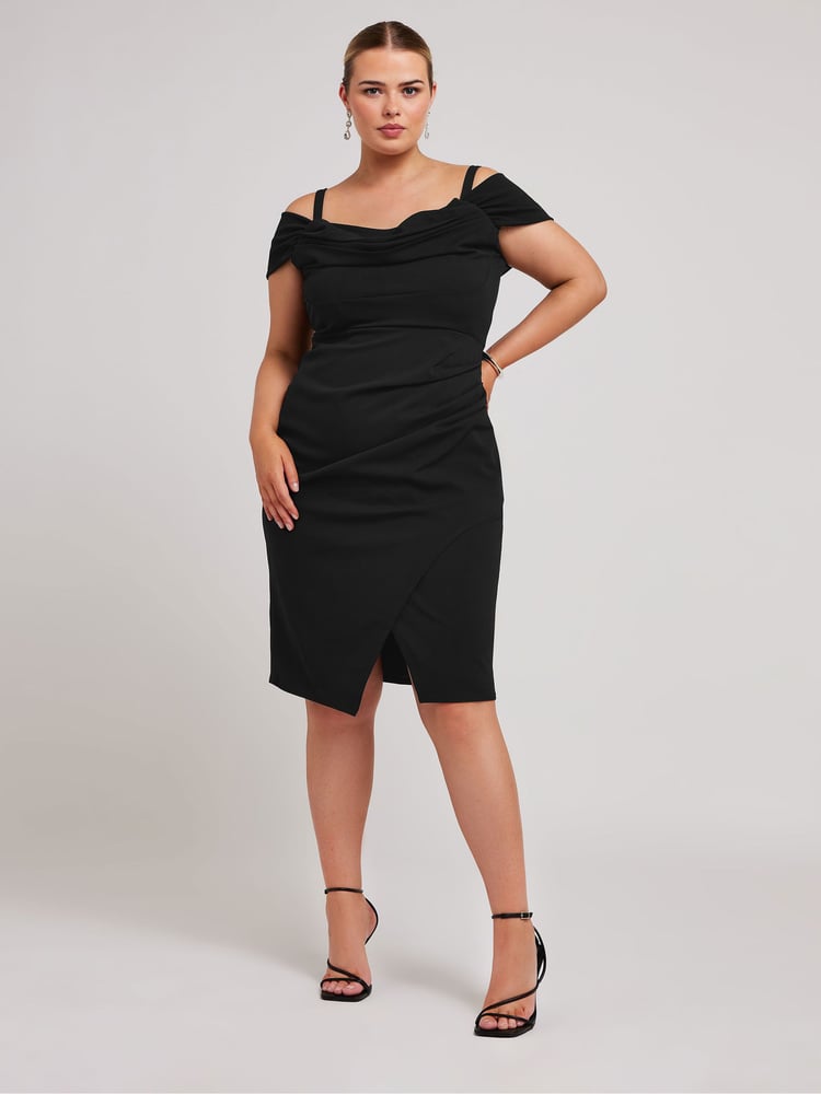 Yours Curve Black Cold Shoulder Ruched Tulip Hem Dress - Image 4 of 4