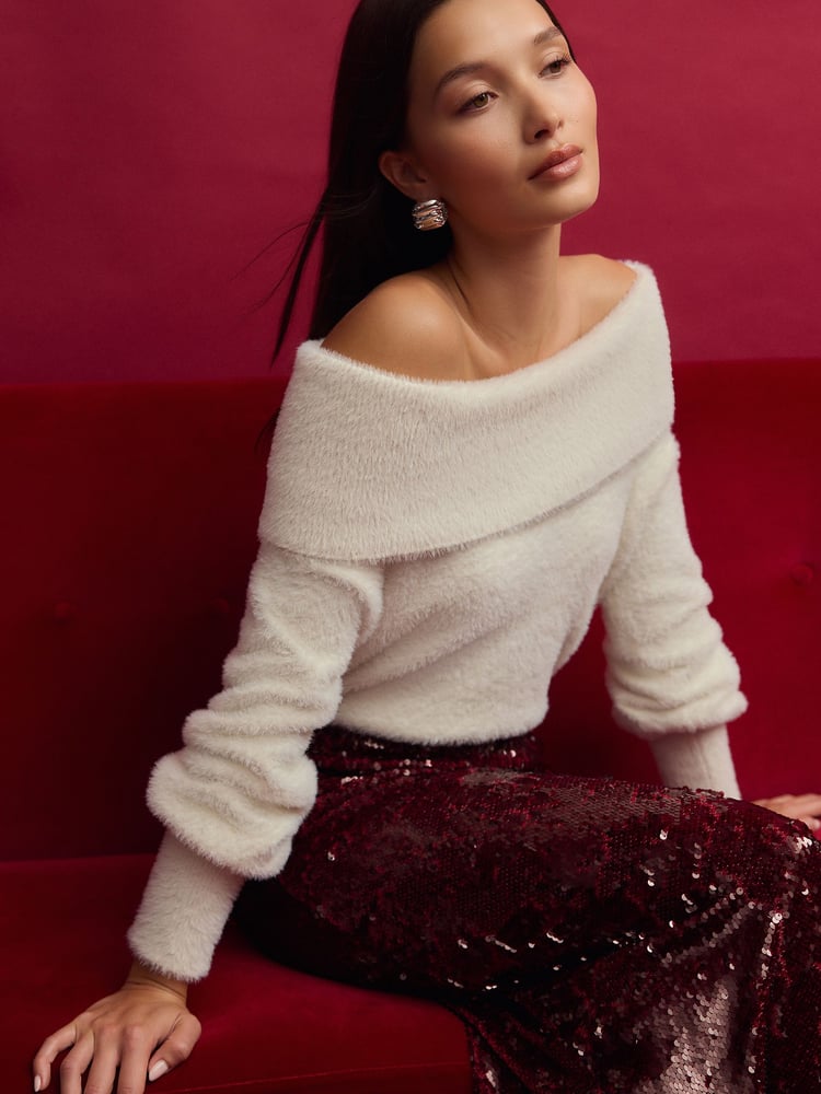 White Ecru Fluffy Off Shoulder Bardot Jumper - Image 1 of 9