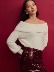 White Ecru Fluffy Off Shoulder Bardot Jumper - Image 3 of 9