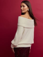 White Ecru Fluffy Off Shoulder Bardot Jumper - Image 4 of 9