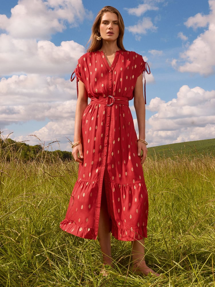 Love & Roses Red Foil Ruched Shoulder Belted Midi Dress - Image 1 of 4