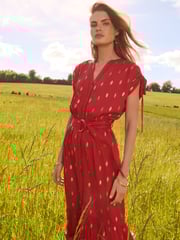Love & Roses Red Foil Ruched Shoulder Belted Midi Dress - Image 2 of 4